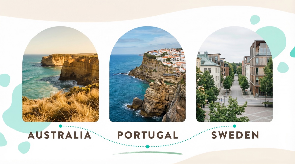 Karl's journey: Australia, Portugal, Sweden - three arch portals showing each landscape